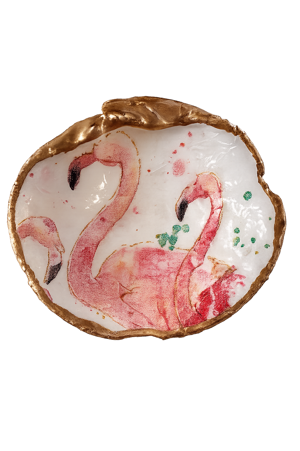 An irregularly shaped decorative tray with a gold-toned organic border and a white interior featuring a painted pink flamingo design with small green accents, shown on a plain white background.